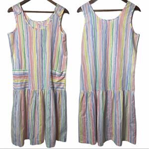 Vintage 80s Carriage Court rainbow striped cottage core Dress pockets